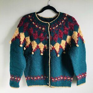 Handmade 100% Shetland Wool Forest Green Fairisle Cardigan Size S